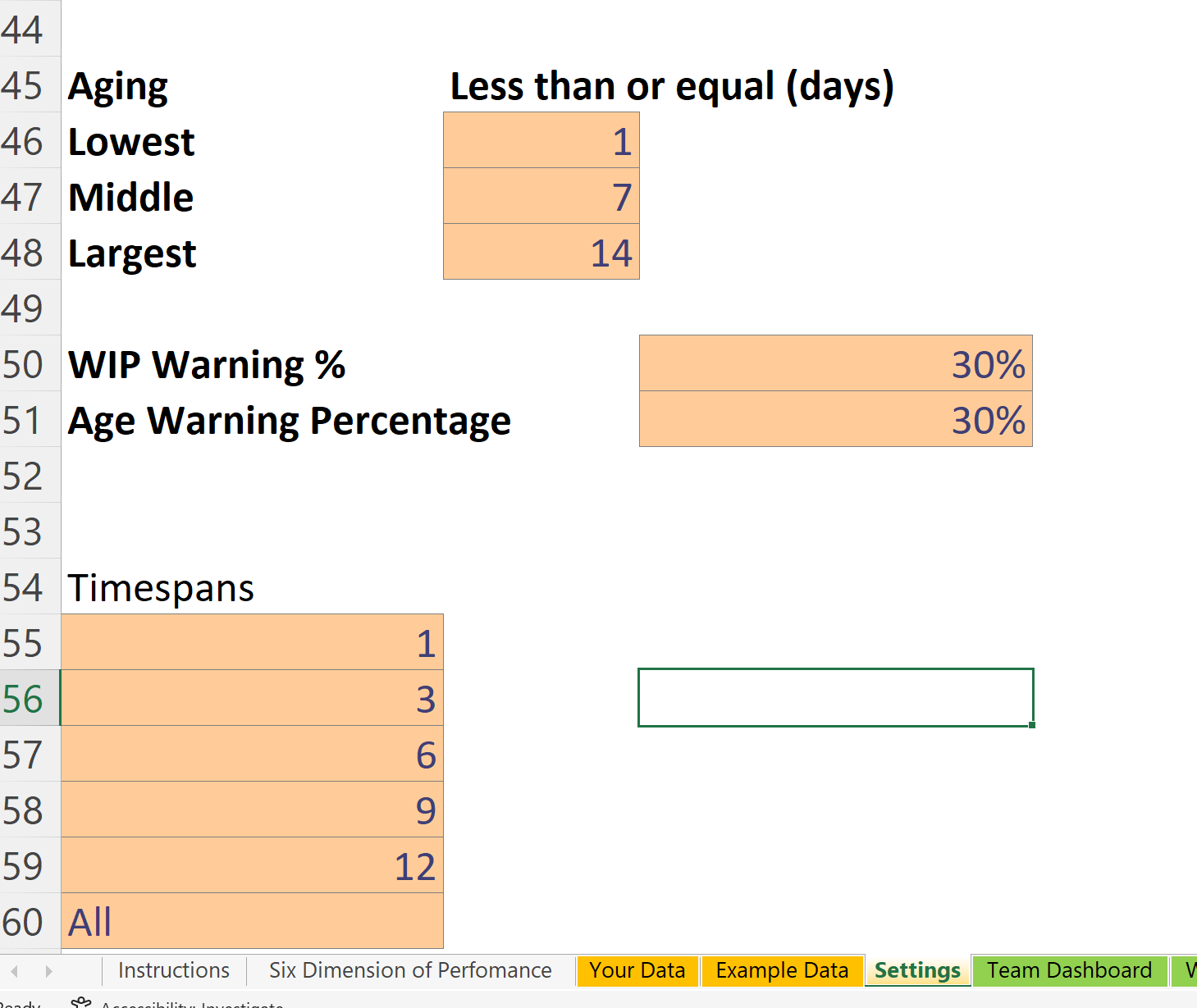 Settings for WIP age bands and warning percentages